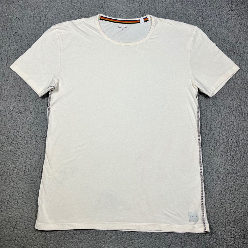 Paul Smith T-Shirt Mens L Contrast Stitch Crew Neck Cream Designer